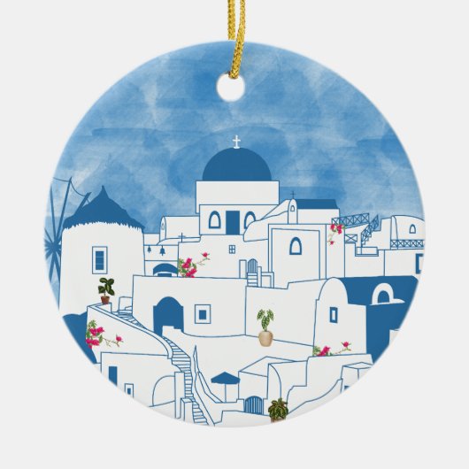 Blauw & Wit Waterverf Santorini Griekenland Keramisch Ornament (Voorkant)