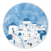 Blauw & Wit Waterverf Santorini Griekenland Keramische Knop (Voorkant)