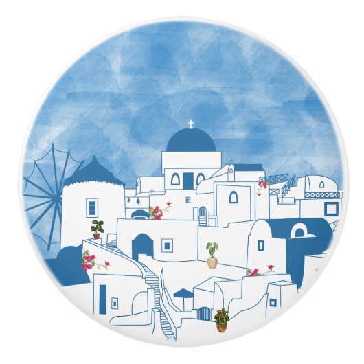 Blauw & Wit Waterverf Santorini Griekenland Keramische Knop (Voorkant)