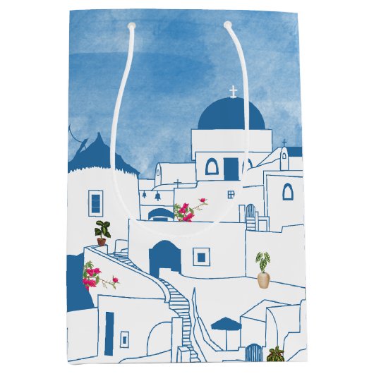 Blauw & Wit Waterverf Santorini Griekenland Medium Cadeauzakje (Voorkant)