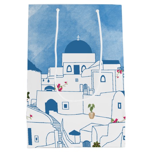 Blauw & Wit Waterverf Santorini Griekenland Medium Cadeauzakje (Achterkant)