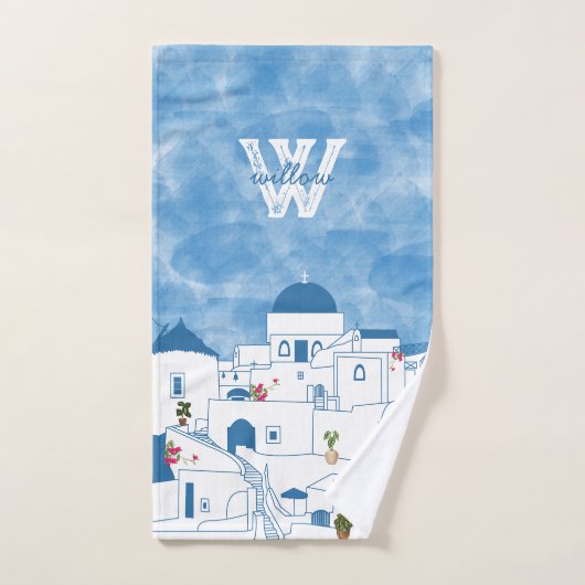 Blauw & Wit Waterverf Santorini Griekenland Monogr Bad Handdoek (Handdoek)