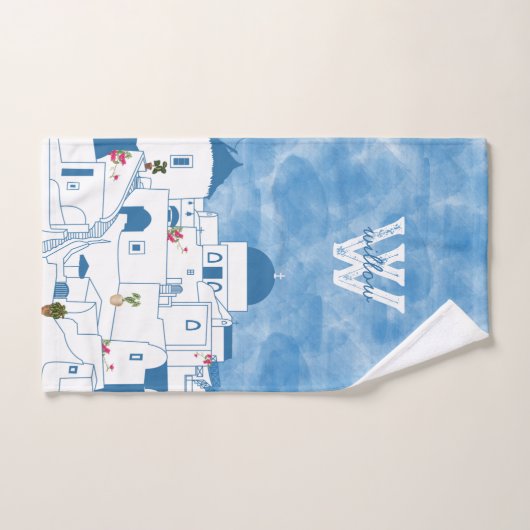 Blauw & Wit Waterverf Santorini Griekenland Monogr Bad Handdoek (Handdoek)