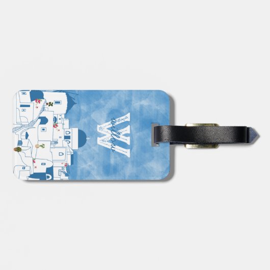 Blauw & Wit Waterverf Santorini Griekenland Monogr Bagagelabel (Achterkant horizontaal)