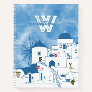 Blauw & Wit Waterverf Santorini Griekenland Monogr Notitieboek