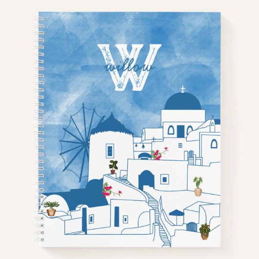 Blauw & Wit Waterverf Santorini Griekenland Monogr Notitieboek (Voorkant)