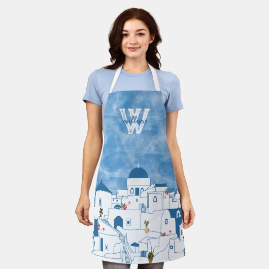 Blauw & Wit Waterverf Santorini Griekenland Monogr Schort (Gedragen)
