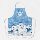 Blauw & Wit Waterverf Santorini Griekenland Monogr Schort (Voorkant)