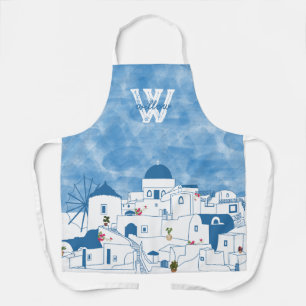 Blauw & Wit Waterverf Santorini Griekenland Monogr Schort