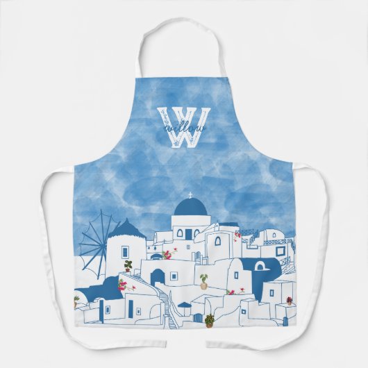 Blauw & Wit Waterverf Santorini Griekenland Monogr Schort (Voorkant)