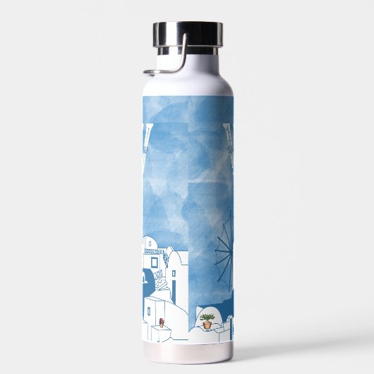 Blauw & Wit Waterverf Santorini Griekenland Monogr Waterfles (Rechts)