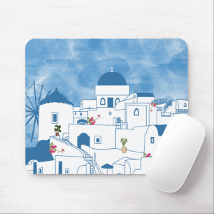 Blauw & Wit Waterverf Santorini Griekenland Muismat