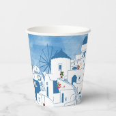 Blauw & Wit Waterverf Santorini Griekenland Papieren Bekers (Achterkant)