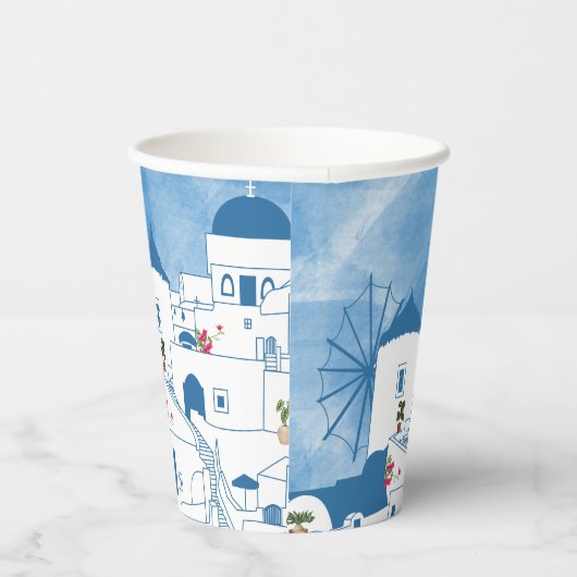 Blauw & Wit Waterverf Santorini Griekenland Papieren Bekers (Rechts)
