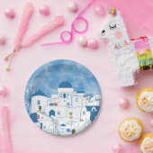 Blauw & Wit Waterverf Santorini Griekenland Papieren Bordje (Feest)