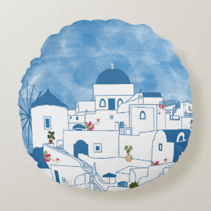 Blauw & Wit Waterverf Santorini Griekenland Rond Kussen