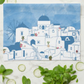 Blauw & Wit Waterverf Santorini Griekenland Theedoek (Gevouwen)