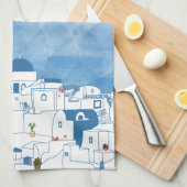 Blauw & Wit Waterverf Santorini Griekenland Theedoek (Quarter Fold)