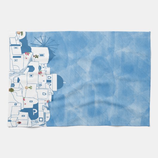 Blauw & Wit Waterverf Santorini Griekenland Theedoek (Horizontaal)