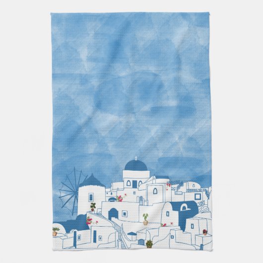 Blauw & Wit Waterverf Santorini Griekenland Theedoek (Verticaal)