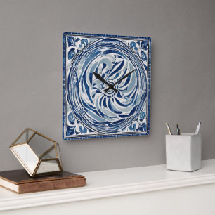 Blauw wit wervelpatroon 02 vierkante klok