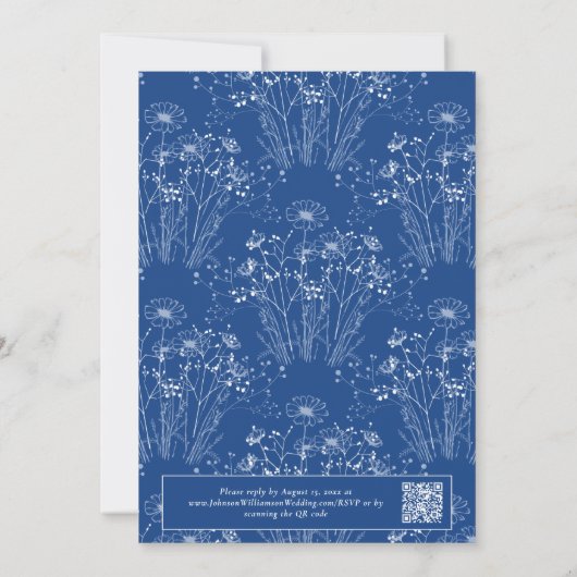 Blauw Wit Wildbloem Elegant Bloemen QR Bruiloft Kaart (Achterkant)