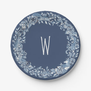 Blauw & Wit Woodland Dierenkrans Delft Monogram Papieren Bordje