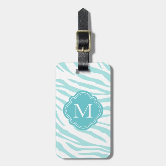 Blauw Wit Zebra Print Monogram Bagagelabel (Voorkant verticaal)