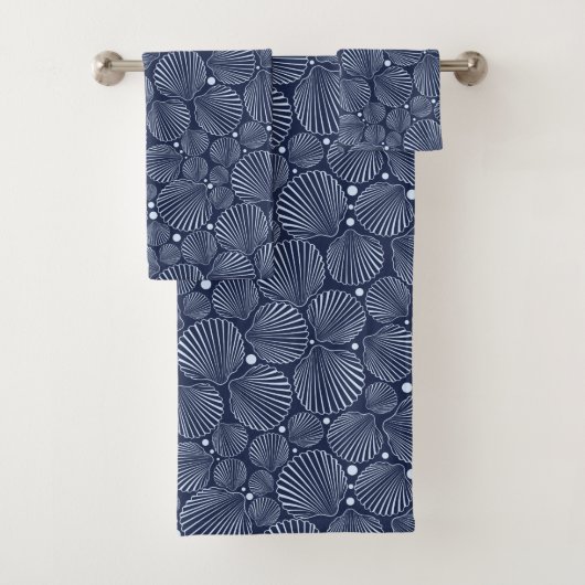 Blauw wit zeeschelp patroon Strand Badhanddoek set Bad Handdoek (Insitu)