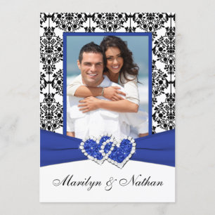 Blauw, Wit, Zwart Damask Foto Uitnodiging voor bru