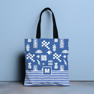 Blauw Witte Abstracte Geometrische Vogel Bloemige Draagtas
