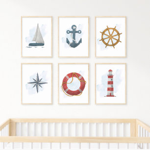 Blauw Witte Anker Scheepvaart Oceaan Thema Poster