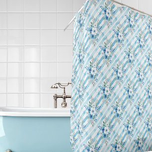 Blauw Witte Aquarel Bloemige Diagonale Streep Douchegordijn