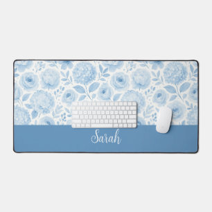 Blauw Witte Aquarel Bloemige Monogram Naam Bureaumat