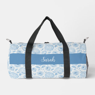 Blauw Witte Aquarel Bloemmotief Monogram Naam Plunjezak