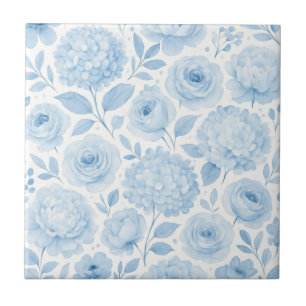 Blauw Witte Aquarel Bloempatroon Tegeltje