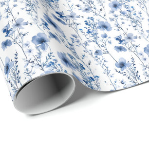 Blauw Witte Aquarel Wilde Bloem Bloemmotief Cadeaupapier