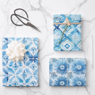 Blauw Witte Batik Bloemige Bruiloftsdouche Inpakpapier Vel