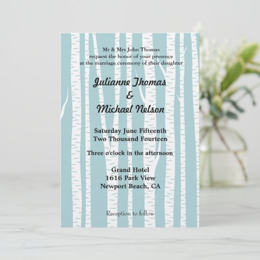 Blauw Witte Berk Bomen bruiloft Kaart (Staand voorkant)