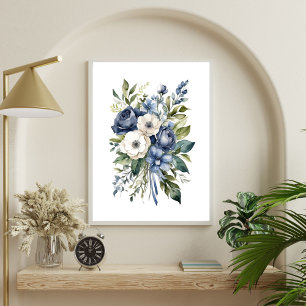 Blauw Witte Bloem Bloemen Waterverf Elegant Poster
