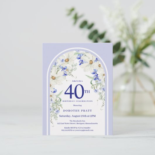Blauw Witte Bloem Boho Boog 40e Verjaardagsfeestje Briefkaart (Staand voorkant)