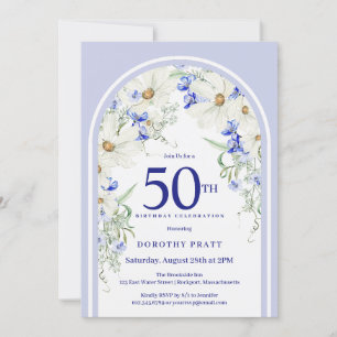 Blauw Witte Bloem Boho Boog 50ste Verjaardagsfeest Kaart