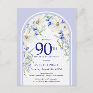 Blauw Witte Bloem Boho Boog 90ste Verjaardagsfeest Briefkaart