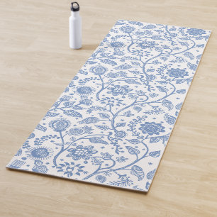 Blauw Witte Bloem Botanisch Patroon Whimsisch Boho Yogamat