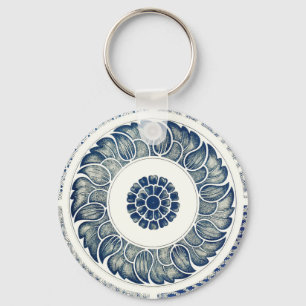Blauw Witte Bloem Chinese Rond Sleutelhanger