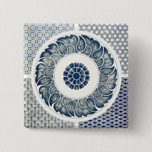 Blauw Witte Bloem Chinese Rond Vierkante Button 5,1 Cm
