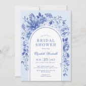 Blauw Witte Bloem Chinoiserie Boog Bruiloft Feest Kaart (Voorkant)