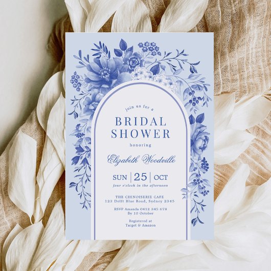 Blauw Witte Bloem Chinoiserie Boog Bruiloft Feest Kaart