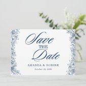 Blauw Witte Bloem Elegant Eenvoudig Opslaan van de Save The Date (Staand voorkant)