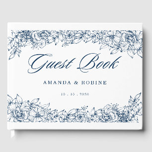 Blauw witte bloem Elegant Gastenboek